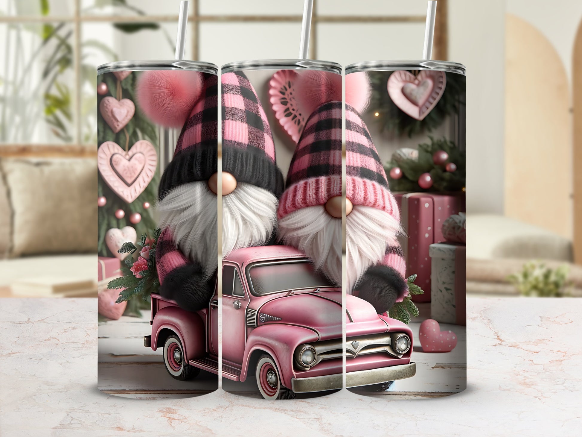 Pink gnome couple in plaid coats in vintage truck with hearts.