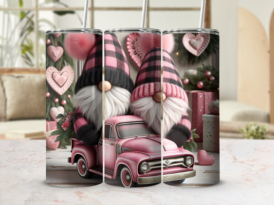 Pink gnome couple in plaid coats in vintage truck with hearts.