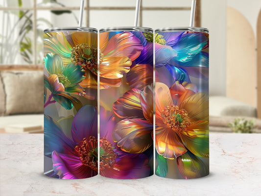 Three tumblers with vibrant, abstract floral designs.