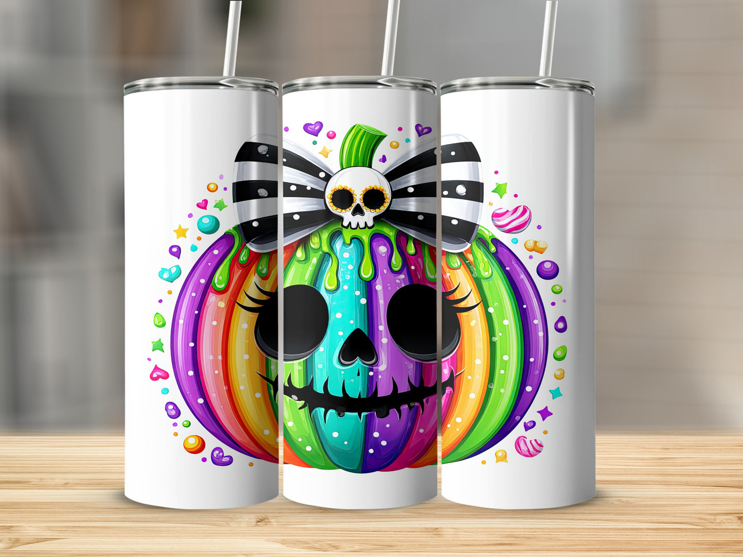 Rainbow Skull Pumpkin Design Tumbler for Halloween