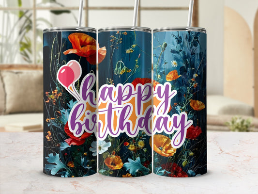 Floral birthday tumbler with balloons and text.
