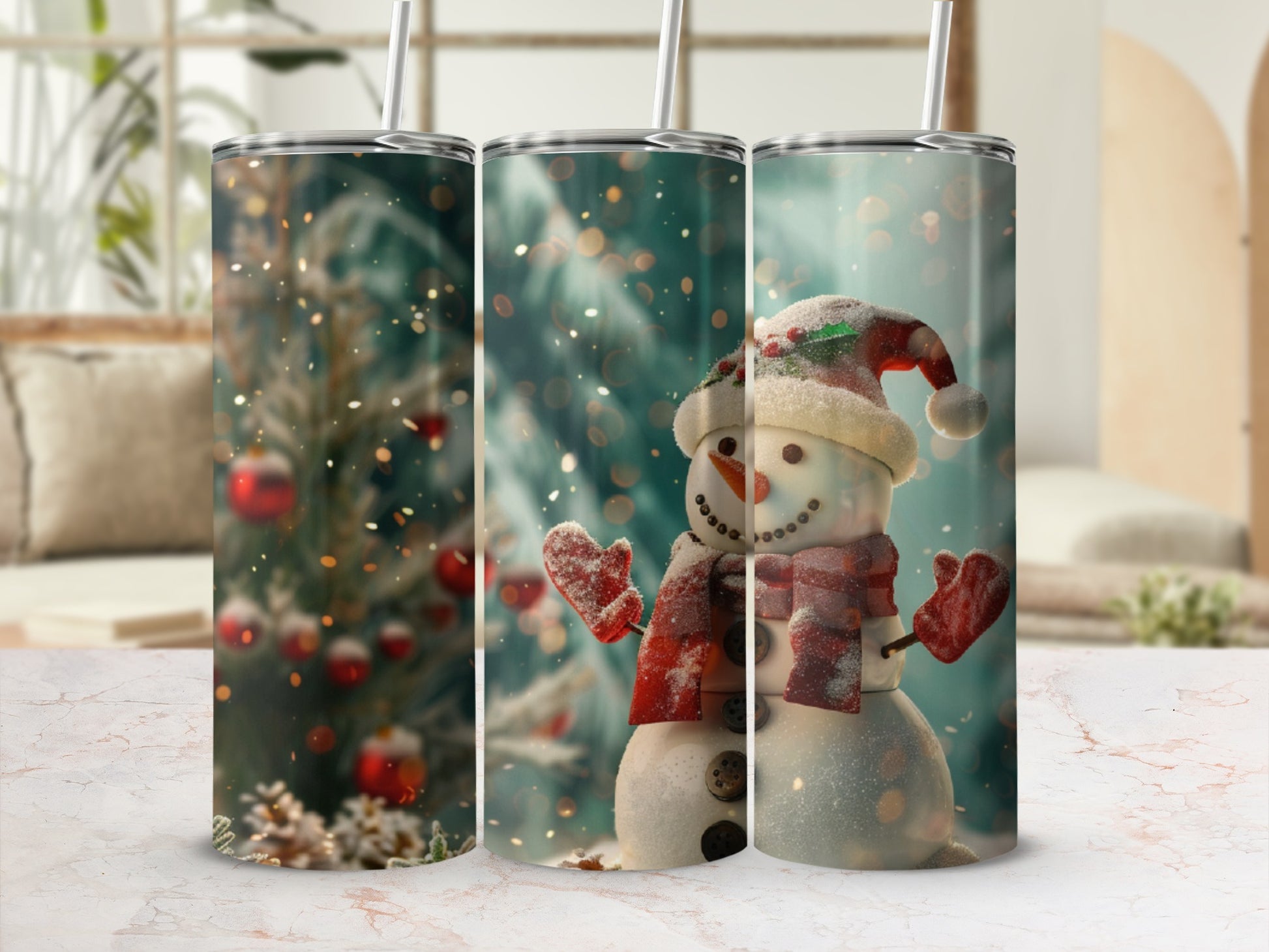 Three tumblers with festive snowman design, bokeh background.