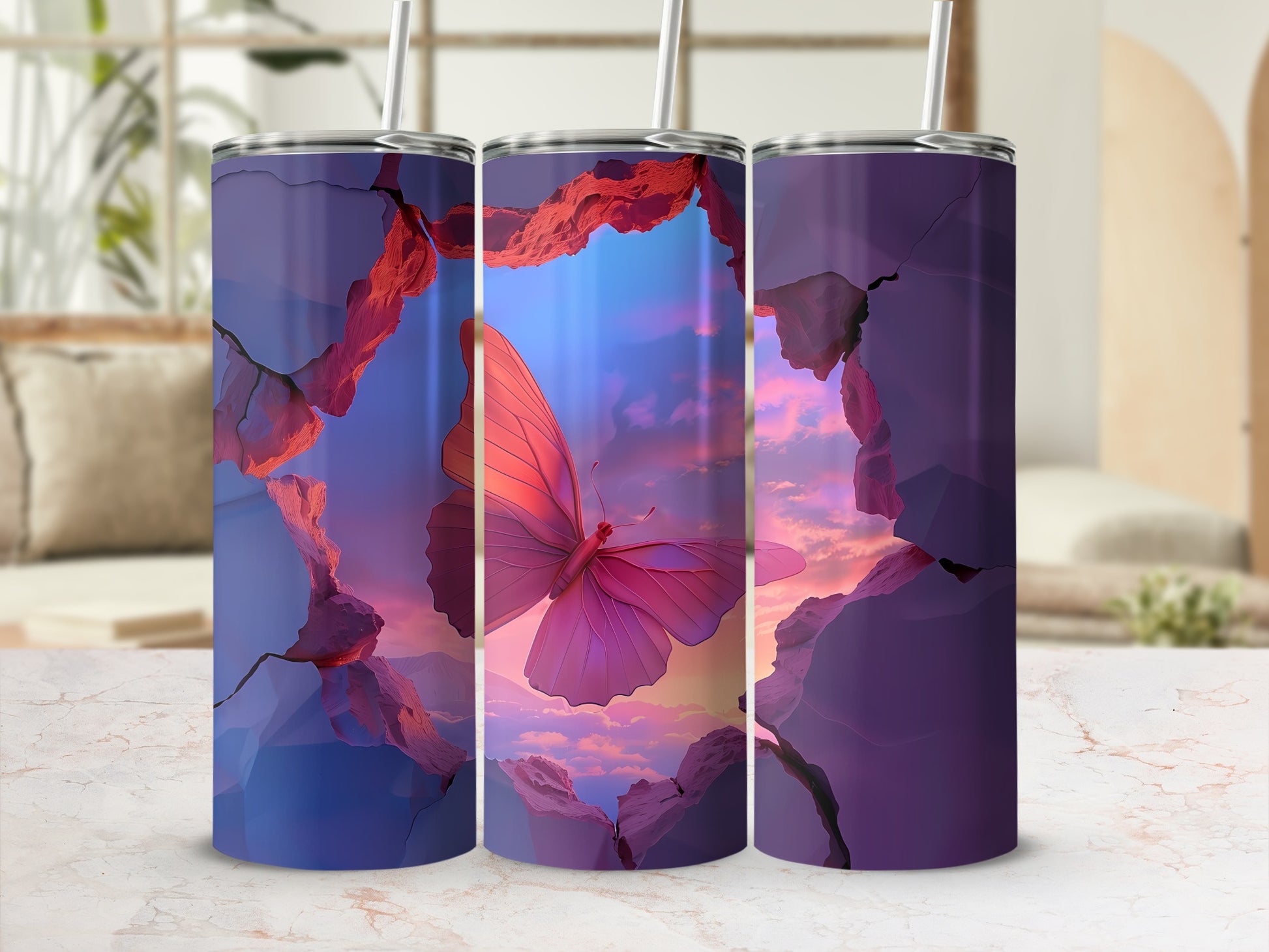 Three crackle-textured tumblers featuring a pink butterfly against a sunset sky.