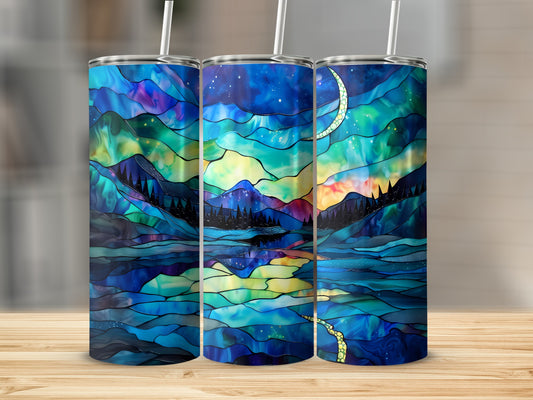Three tumblers with a stained-glass aurora borealis landscape design.