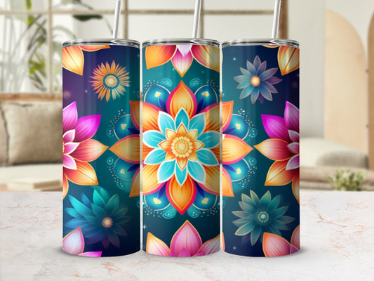 Three tumblers with vibrant floral mandala designs.