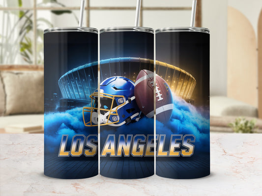 Los Angeles football stadium and helmet tumbler with straw.