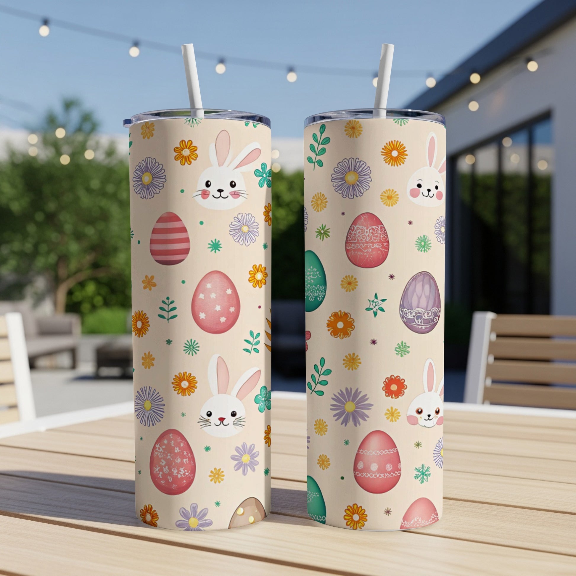 Two tan tumblers with Easter eggs, bunnies, and flowers.