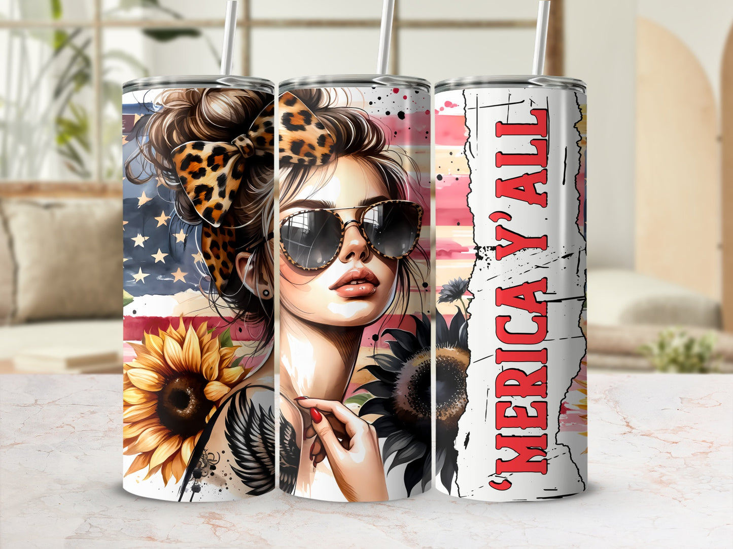 Tumbler with woman, sunflowers, American flag, and "America Y'all" text.