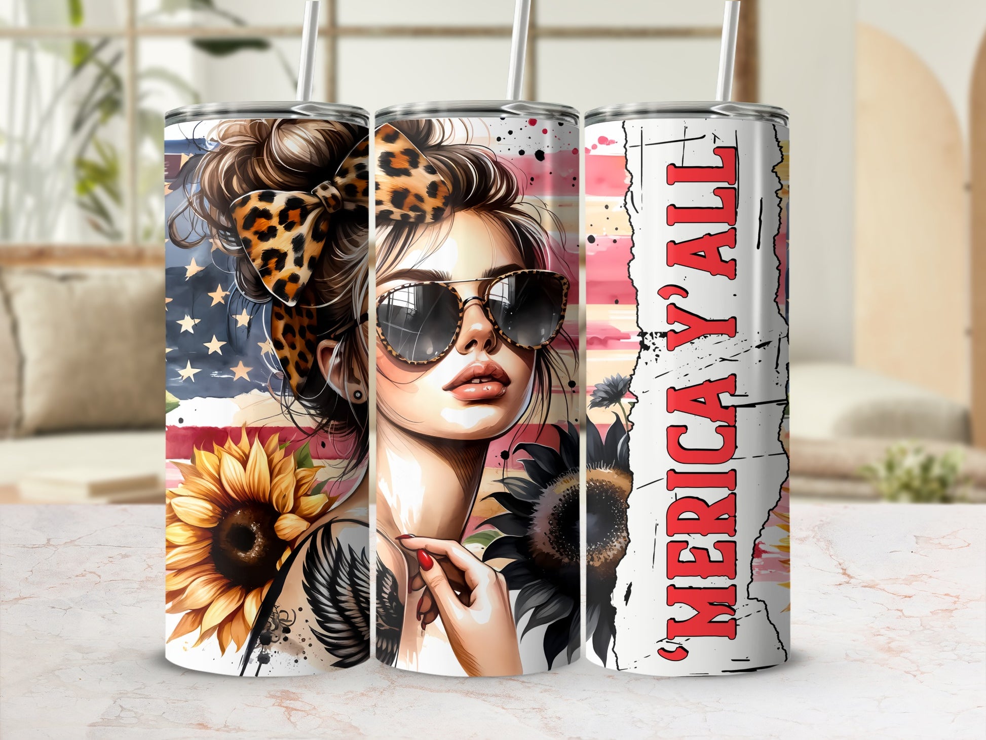 Tumbler with woman, sunflowers, American flag, and "America Y'all" text.