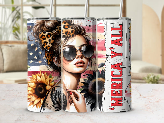 Tumbler with woman, sunflowers, American flag, and "America Y'all" text.