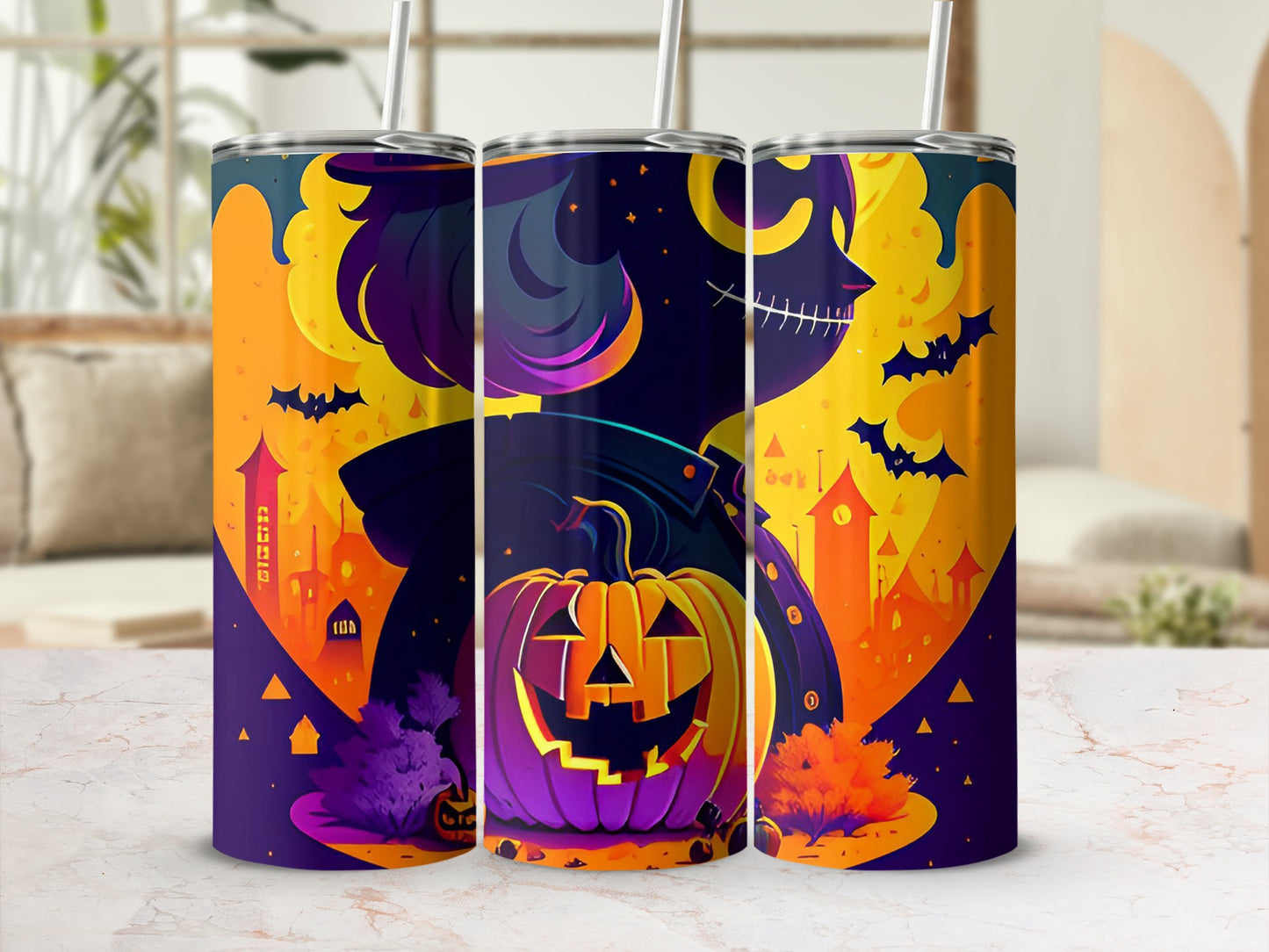 Three tumblers with a Halloween theme featuring pumpkins, bats, and spooky castles.