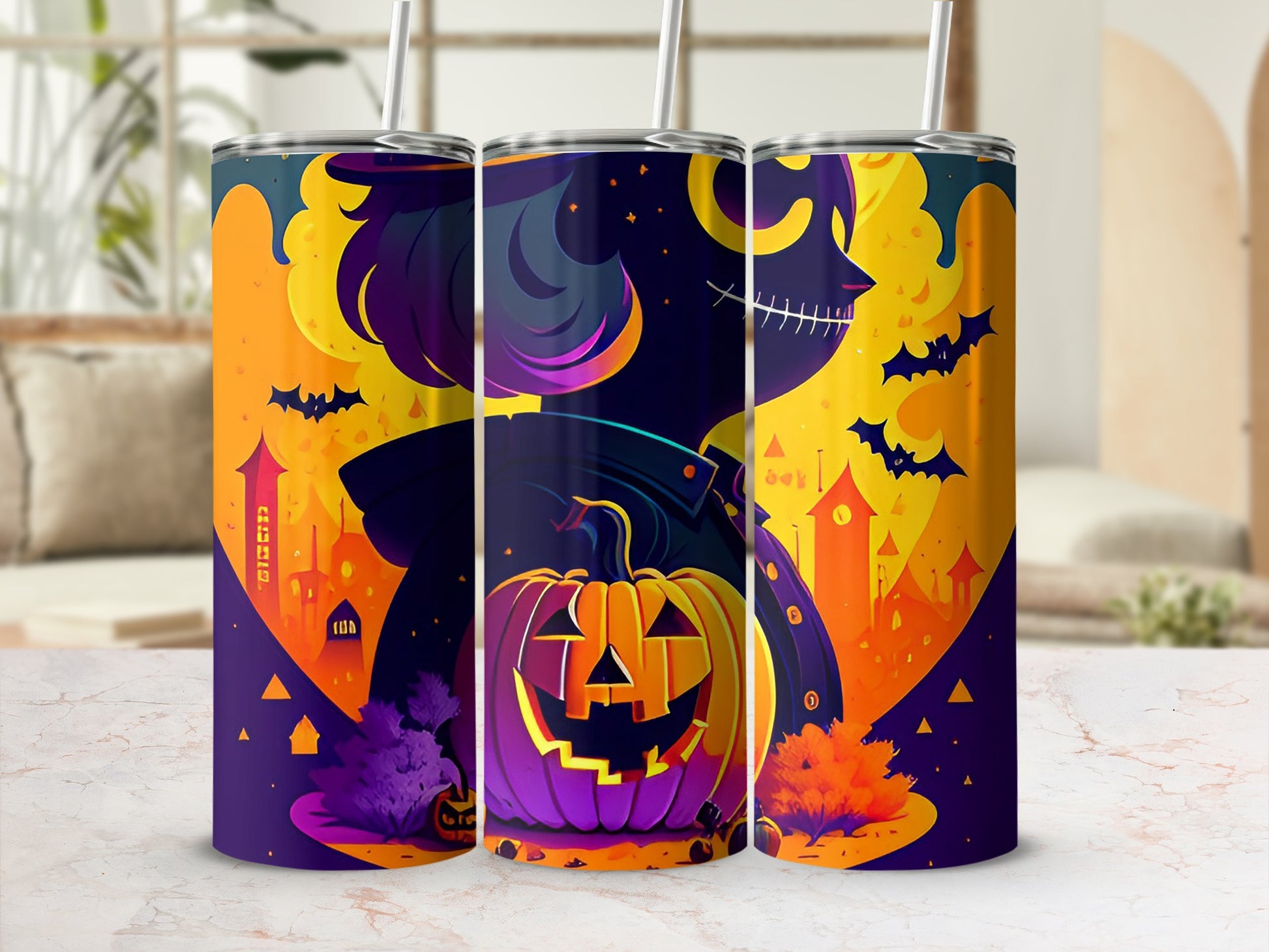 Three tumblers with a Halloween theme featuring pumpkins, bats, and spooky castles.