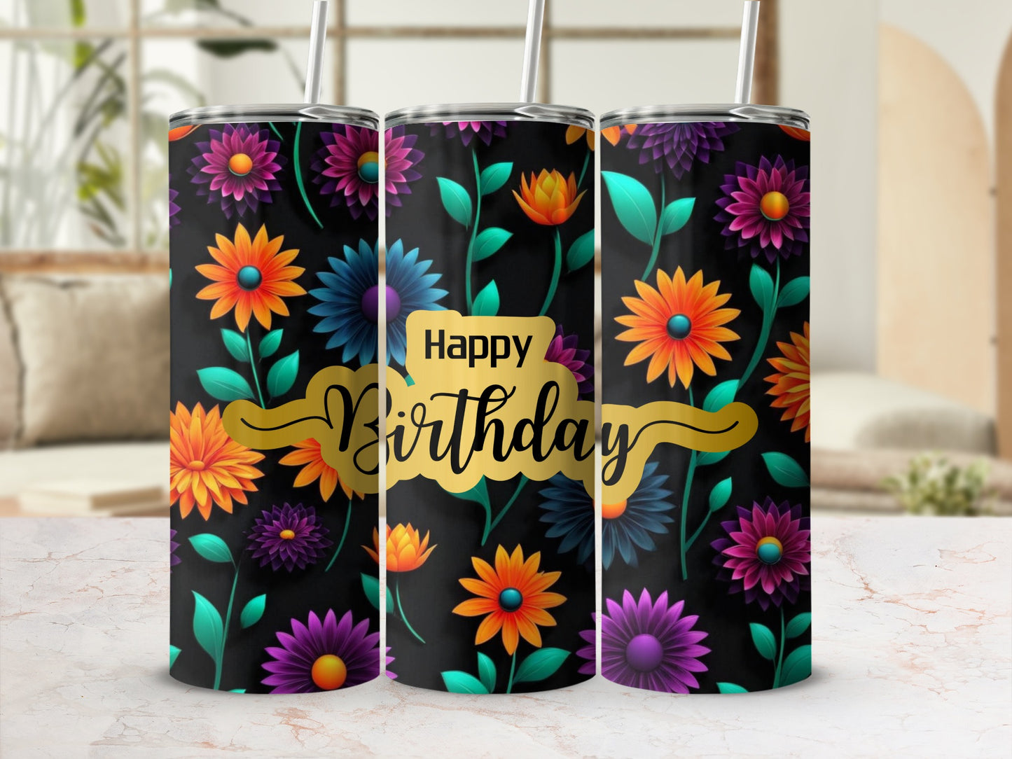 Three tumblers with a floral design and "Happy Birthday" text.