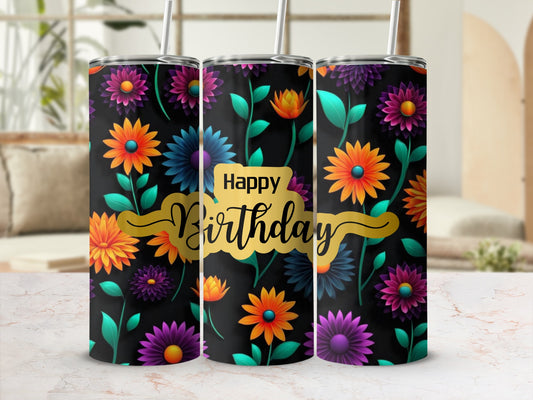 Three tumblers with a floral design and "Happy Birthday" text.