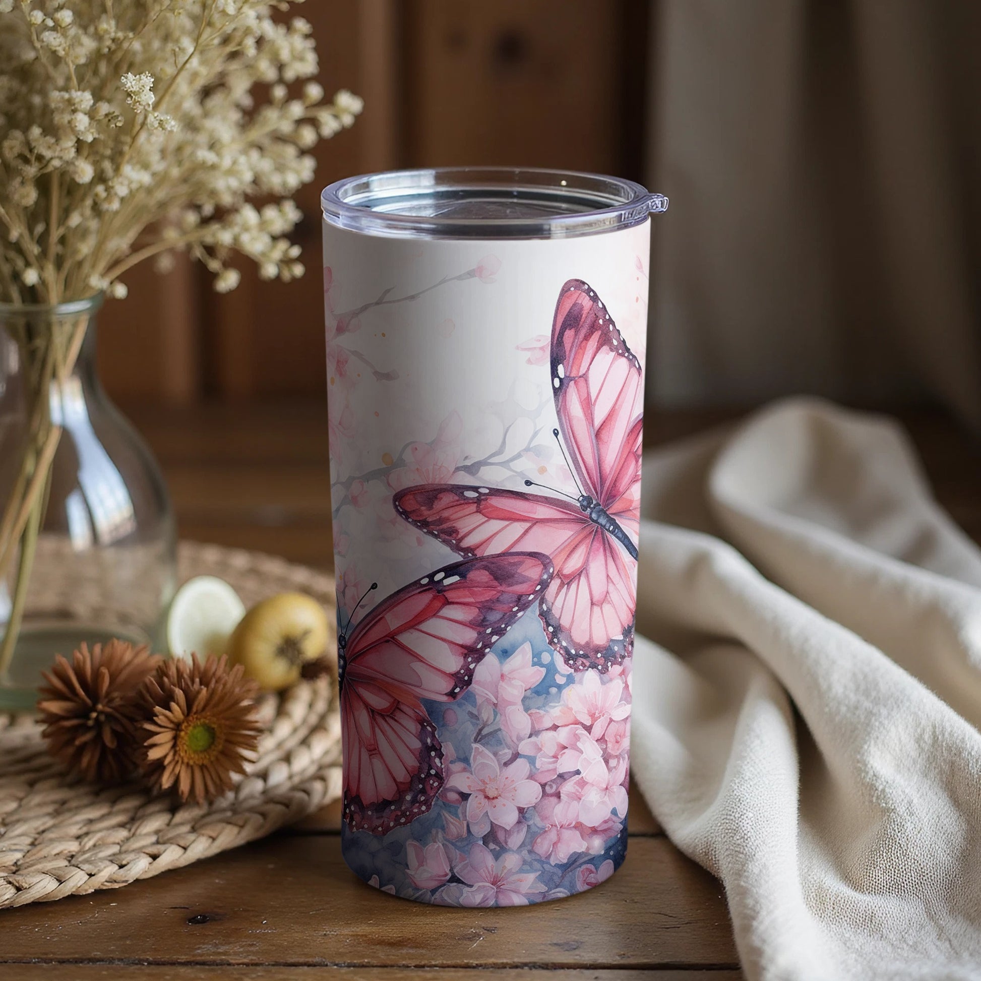 Pink Butterfly and Floral Design Insulated Tumbler