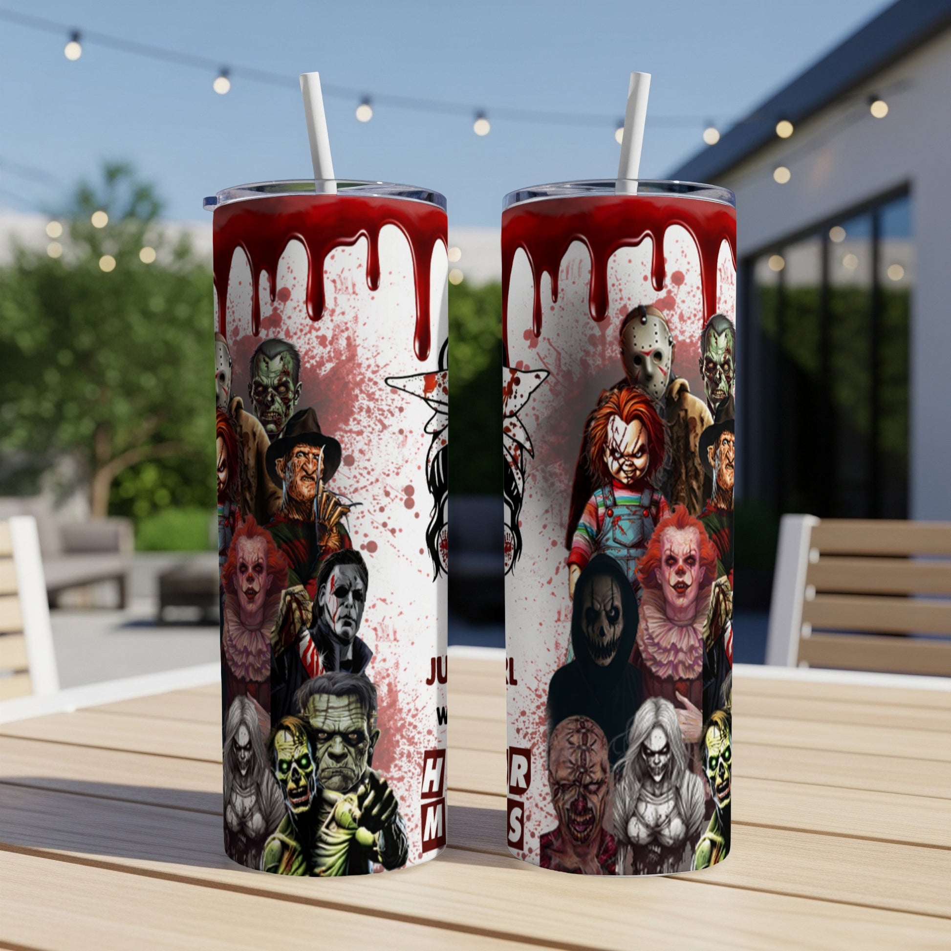 Two tumblers featuring horror movie characters and blood splatters.