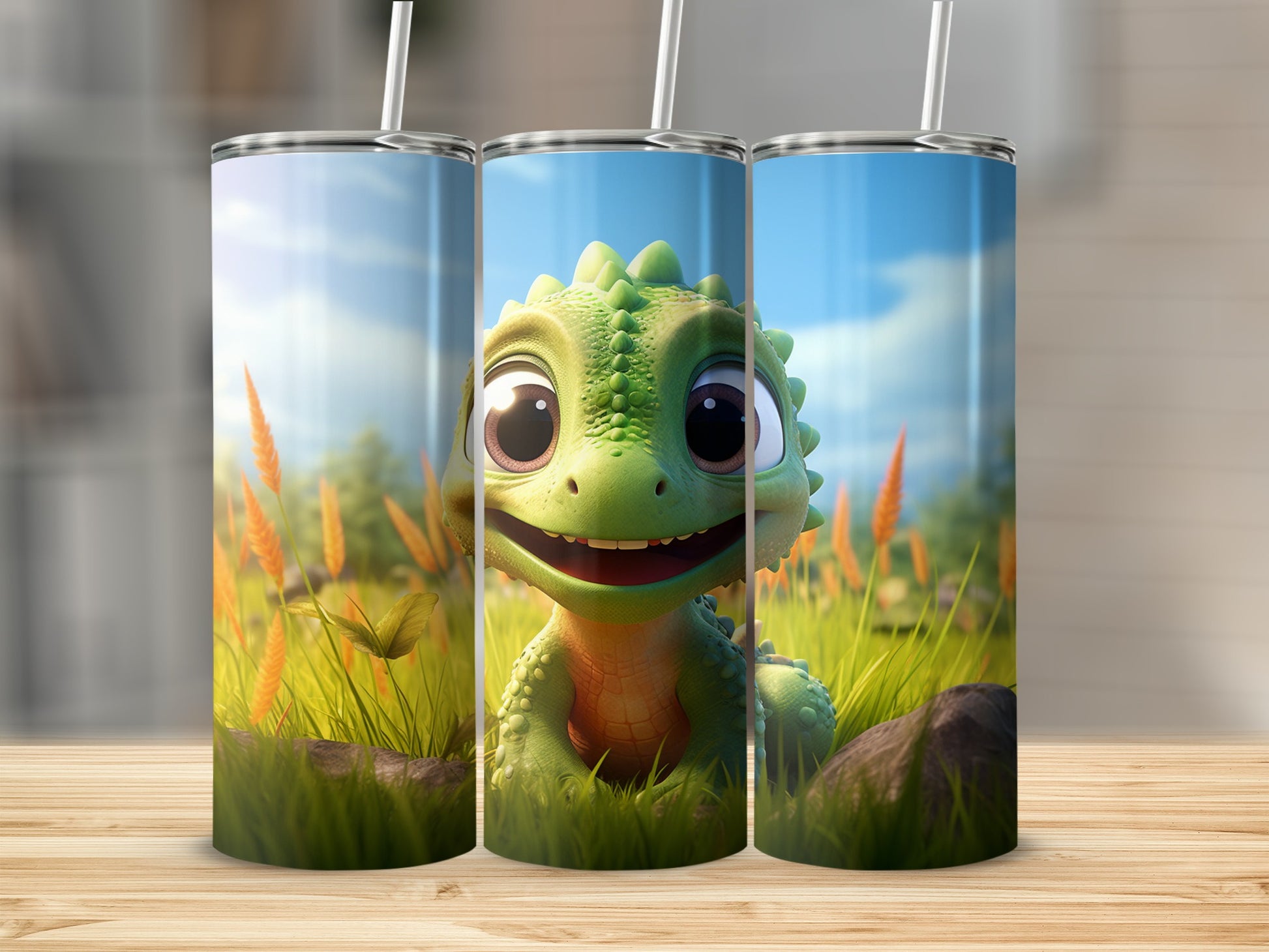 Cute Cartoon Dinosaur in Meadow Scene Tumbler