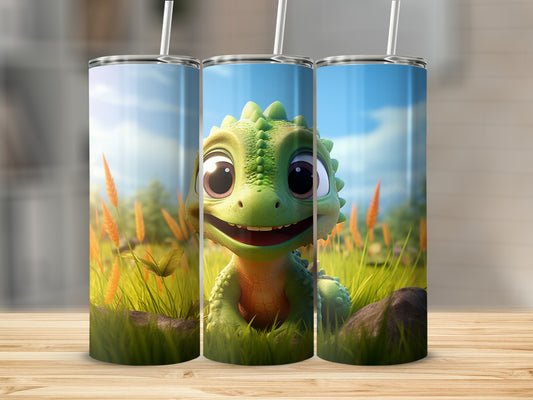 Cute Cartoon Dinosaur in Meadow Scene Tumbler
