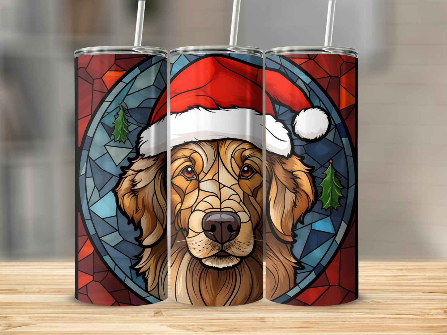 Stained Glass Golden Retriever Santa Hat Dog Tumblers
