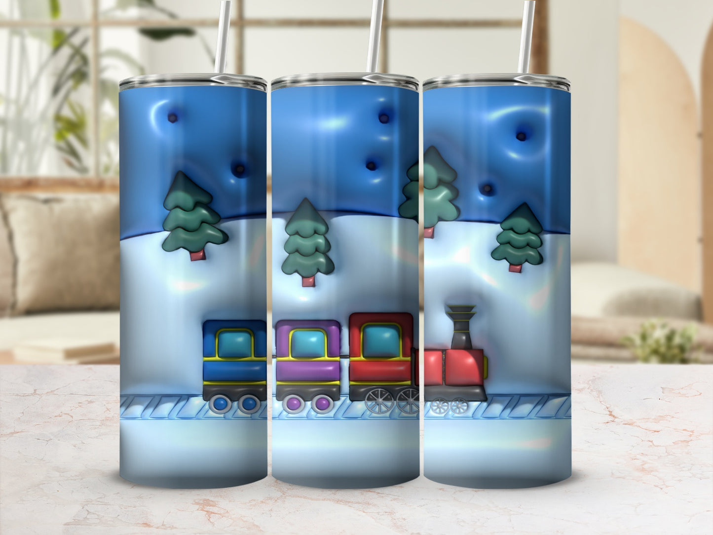 Colorful Train and Pine Trees Design Tumbler