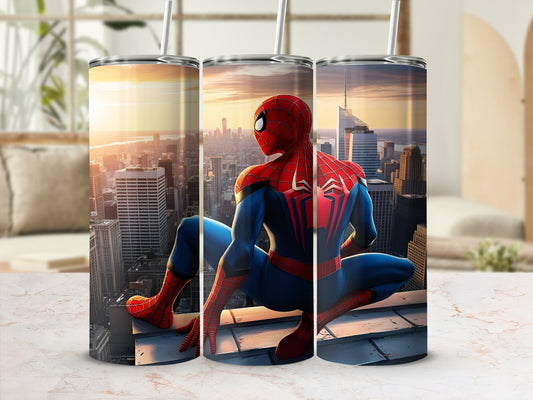 Spiderman on rooftop overlooking cityscape at sunset.