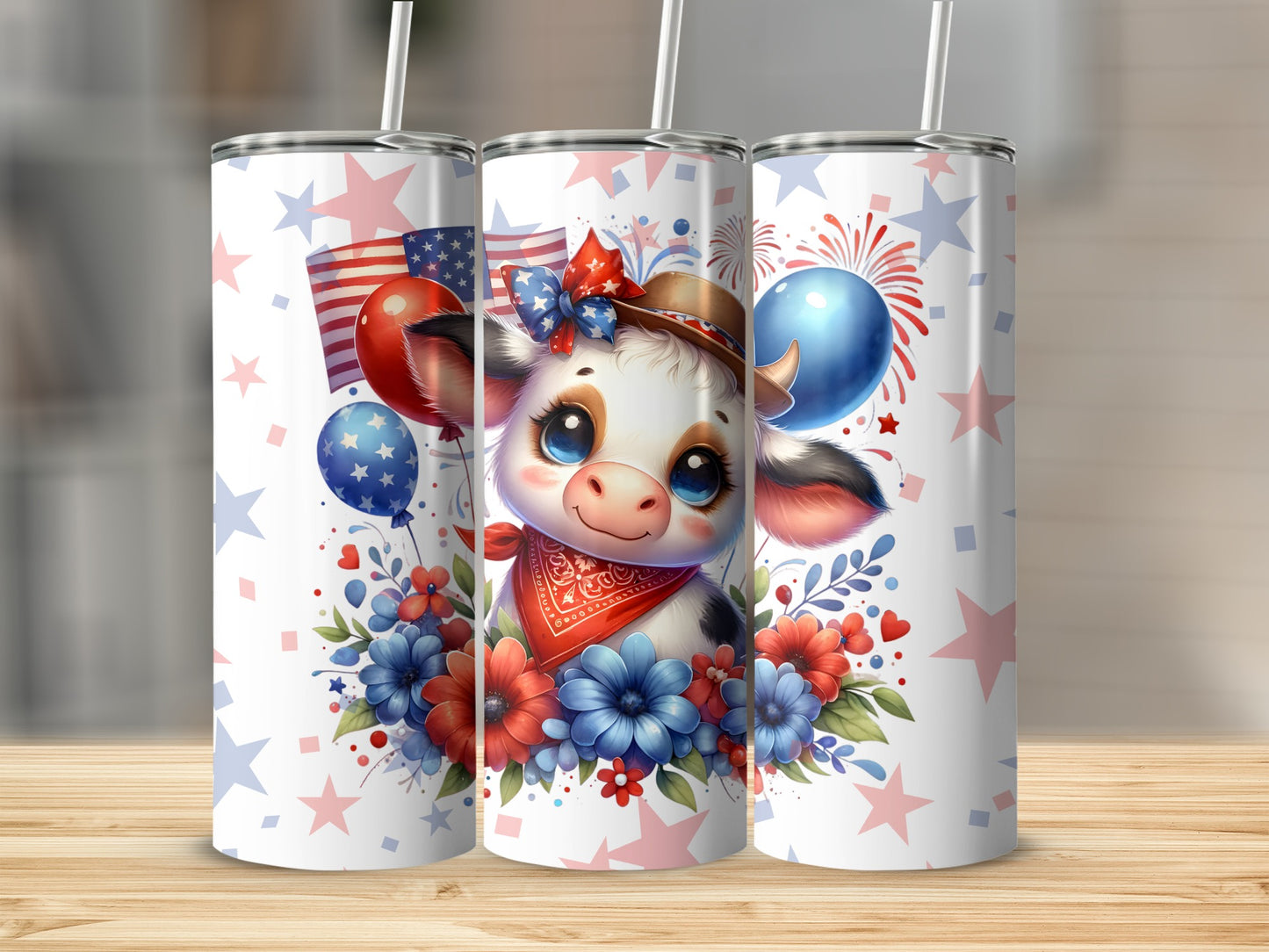 Cute cow with patriotic decorations and balloons.