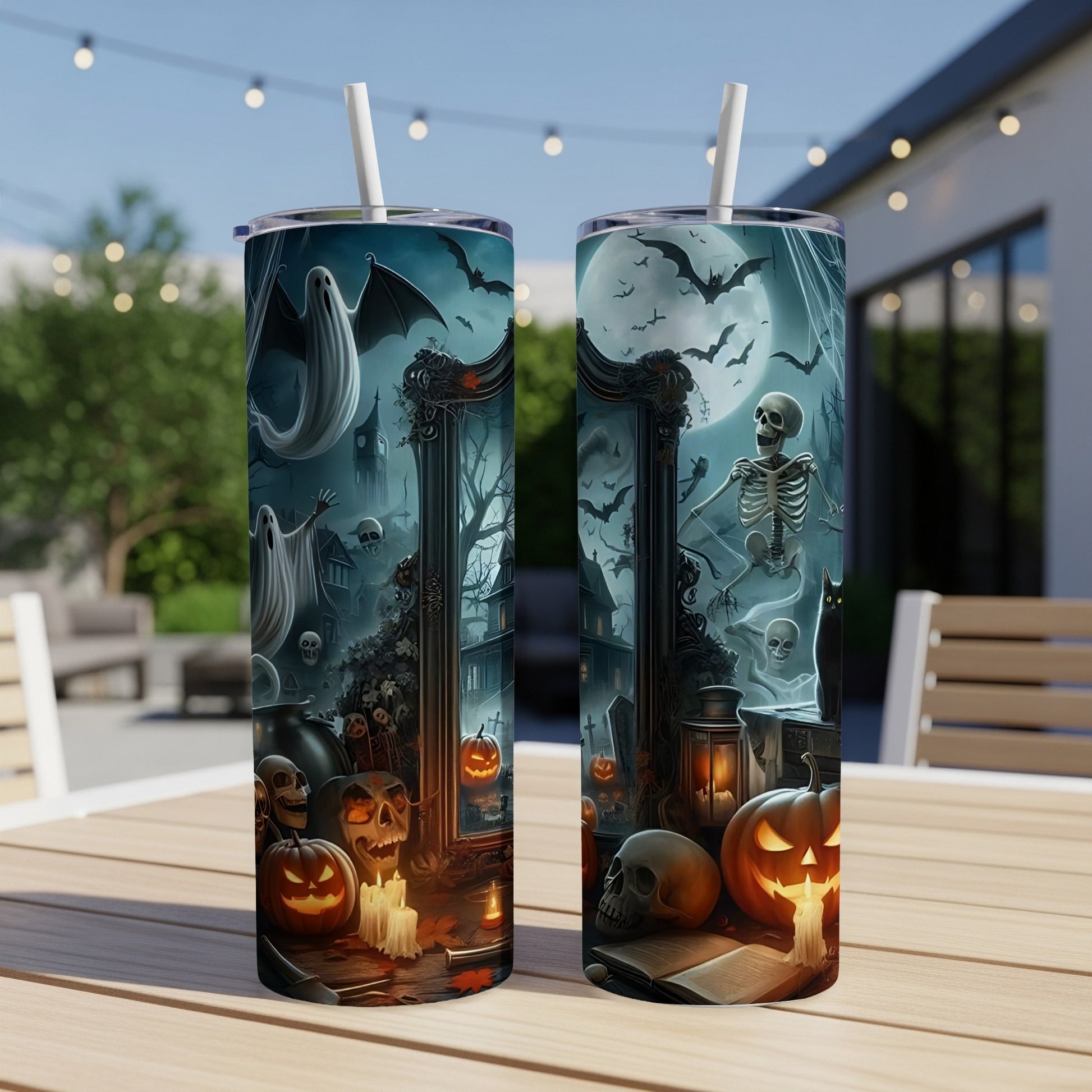 Halloween themed tumblers featuring ghosts, bats, skeletons, pumpkins, and skulls.