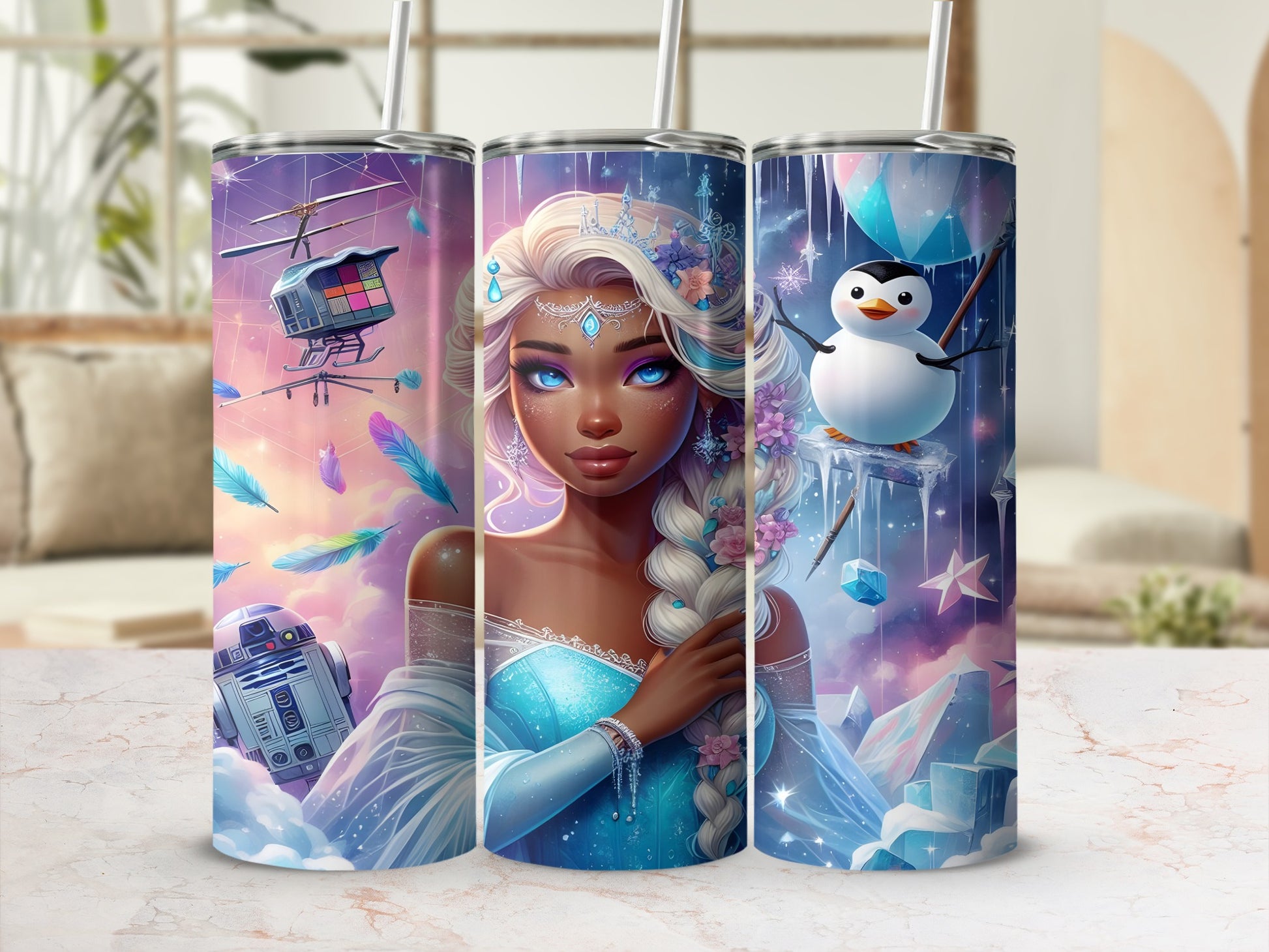 Winter wonderland tumbler featuring a princess, R2-D2, and a penguin.