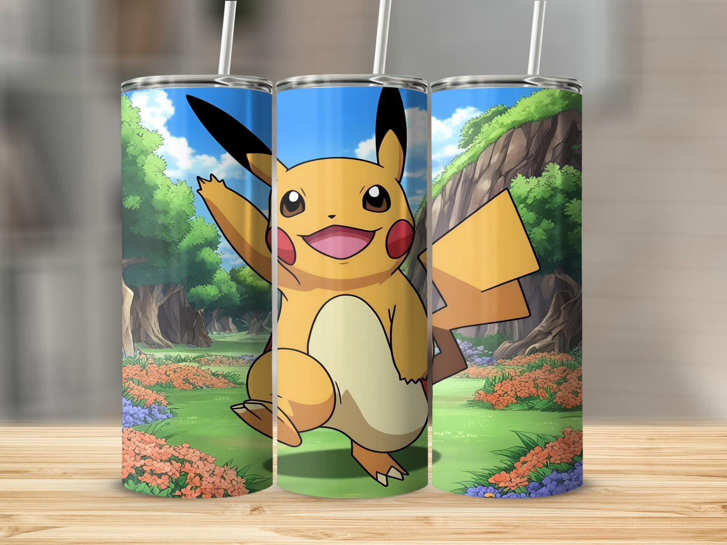 Pikachu waving with paw raised, walking through a grassy, flowery forest.