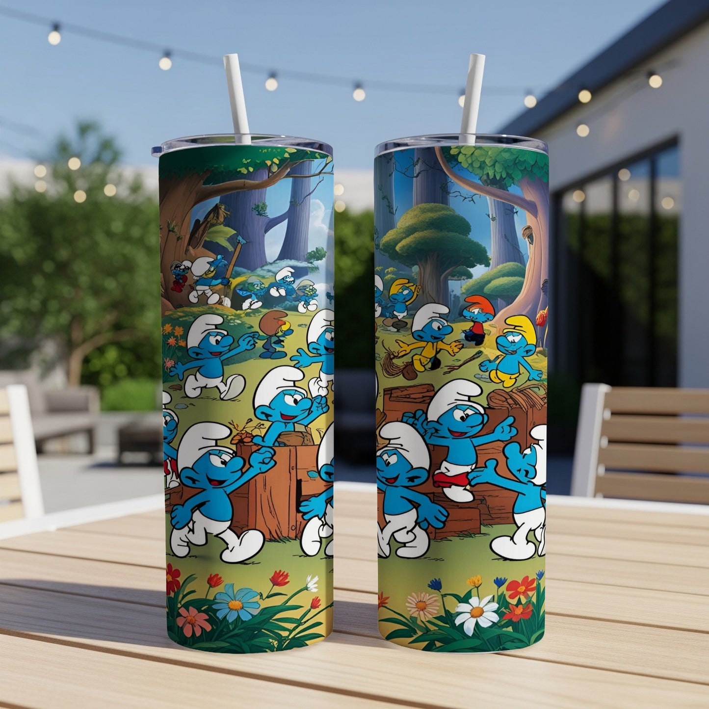 Smurfs celebrate outdoors around wooden crates with flowers and trees.
