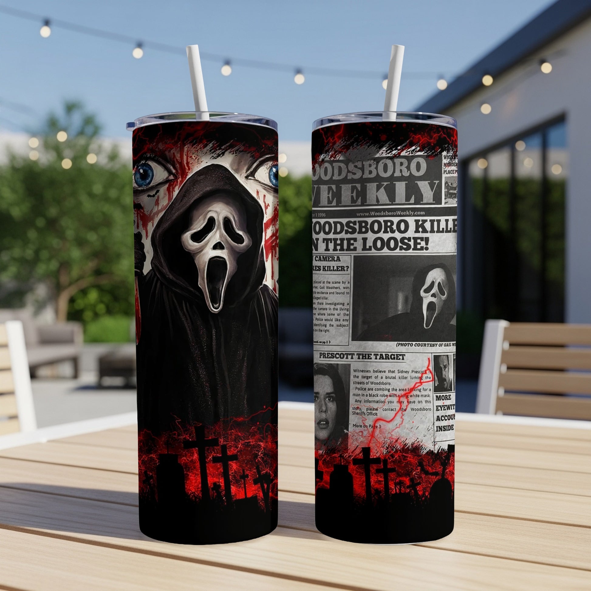 Scream mask on tumbler with "Woodsboro Weekly" newspaper headlines.