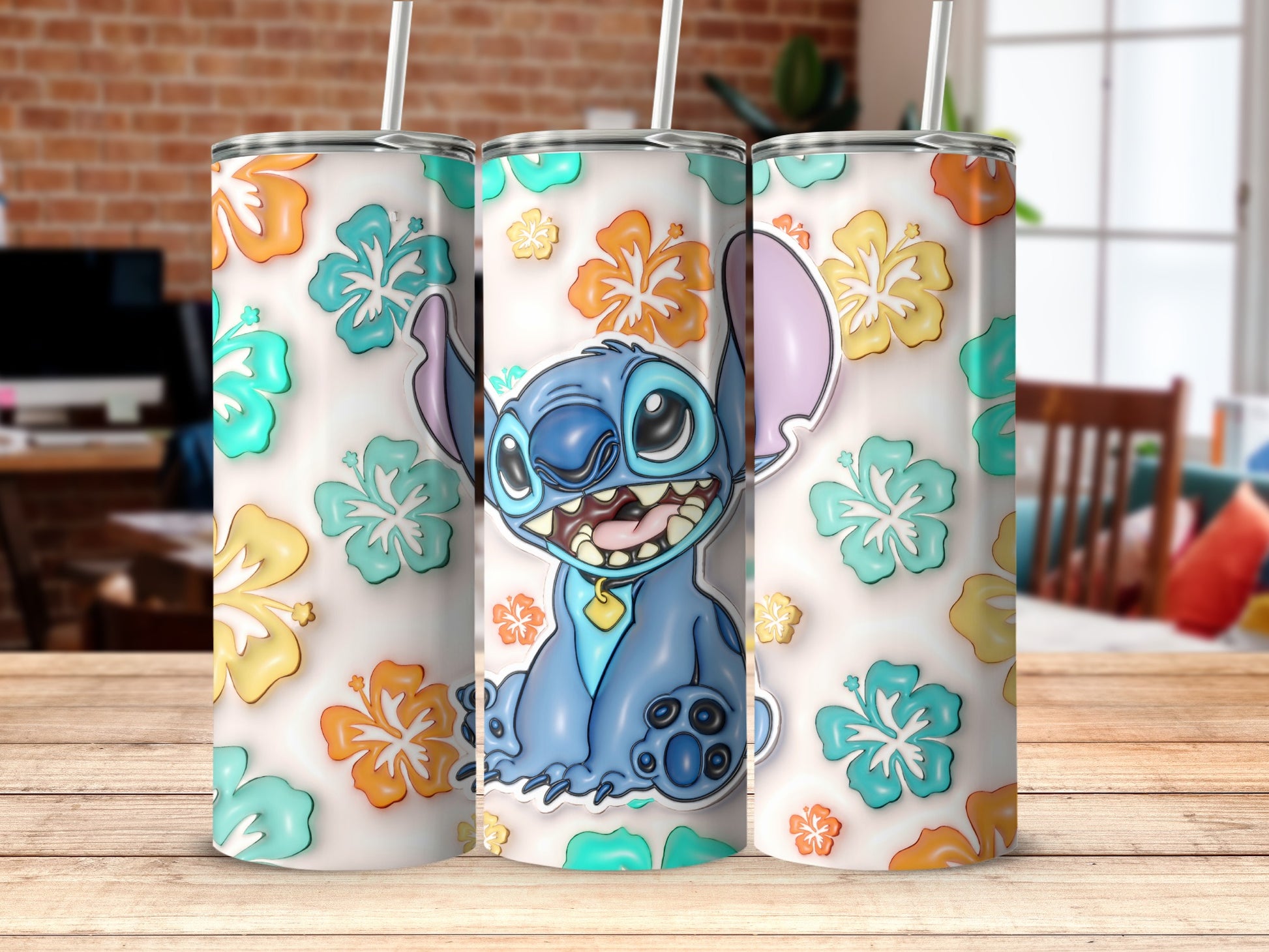 Adorable Stitch with Colorful Floral Design Tumbler