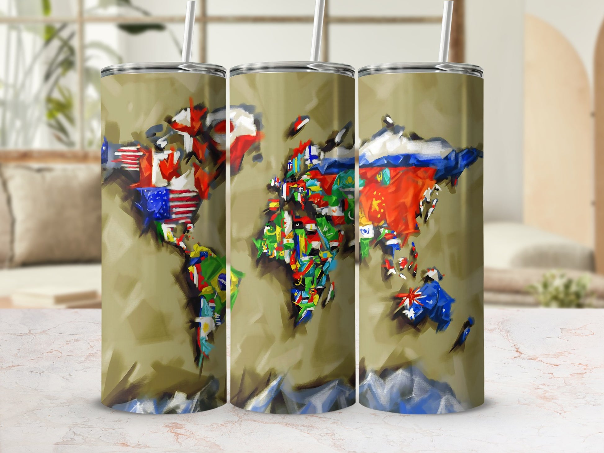 World map design on three tumblers, featuring national flags covering continents.