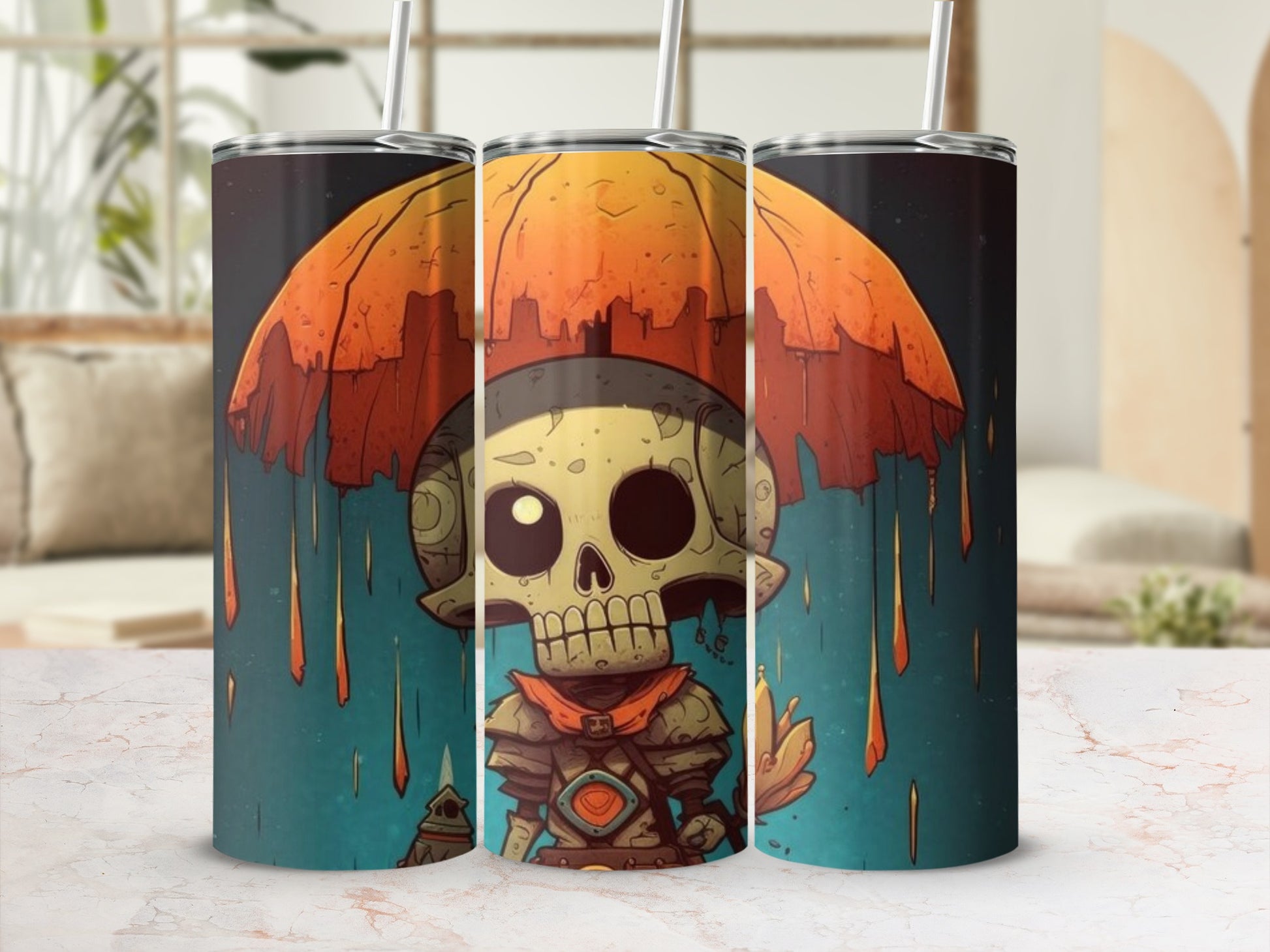 Skeleton character under an orange umbrella with orange rain on a tumbler.