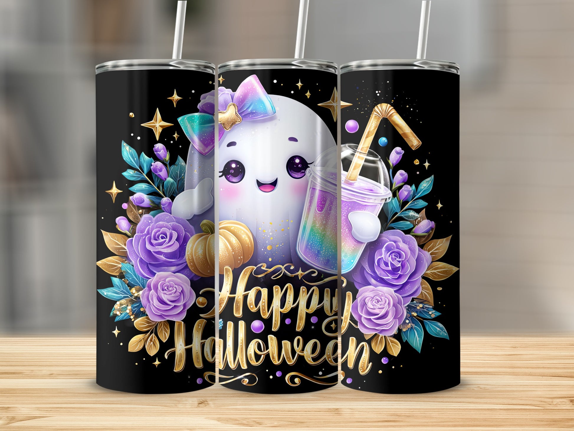 Happy Halloween Ghost with Flowers Glitter Tumbler