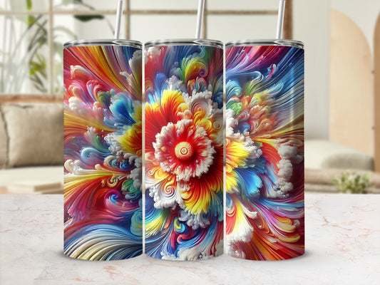 Three tumblers with colorful, abstract floral designs and metal straws.