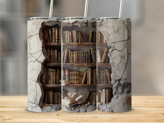 Three tumblers showing a cracked plaster wall revealing a bookshelf filled with books.