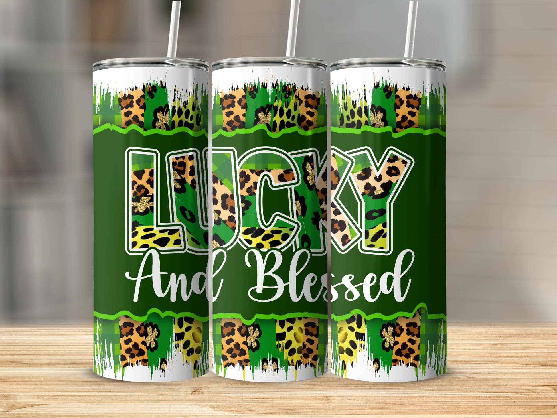 Green tumbler with "Lucky and Blessed" text and leopard print accents.