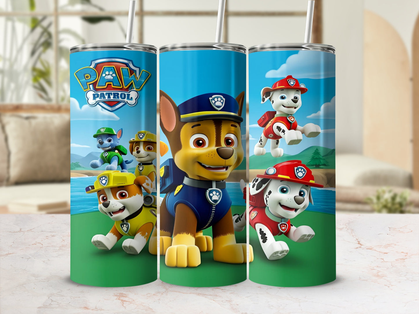 Paw Patrol characters Chase, Marshall, and Ryder on blue tumblers.