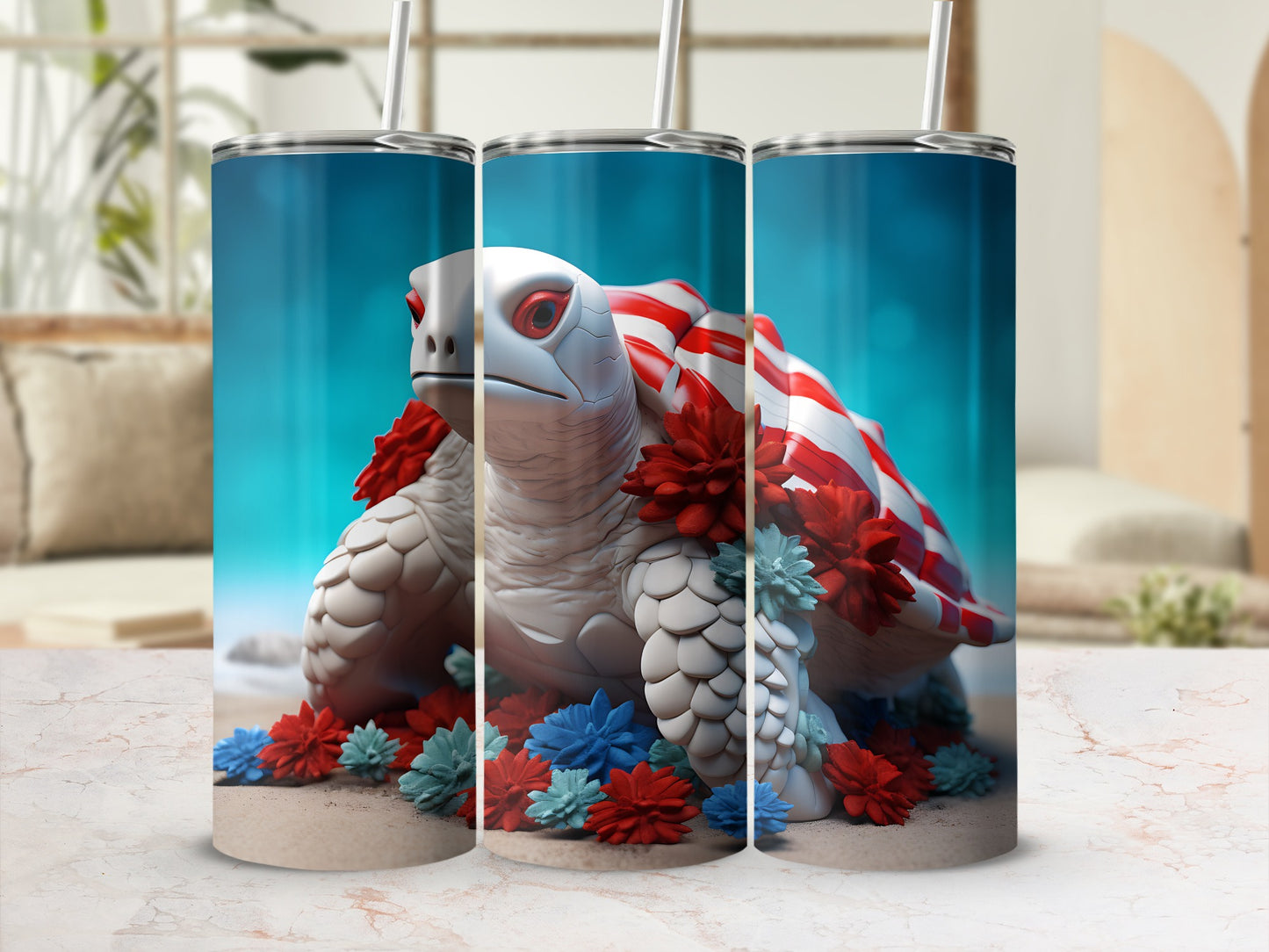 Turtle tumbler with red and white stripes and floral accents.