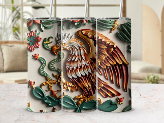 Triptych of tumblers with eagle, snake, cactus, and floral designs.