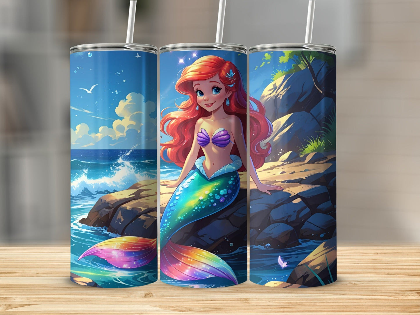 Mermaid with colorful tail on rocks, ocean background.