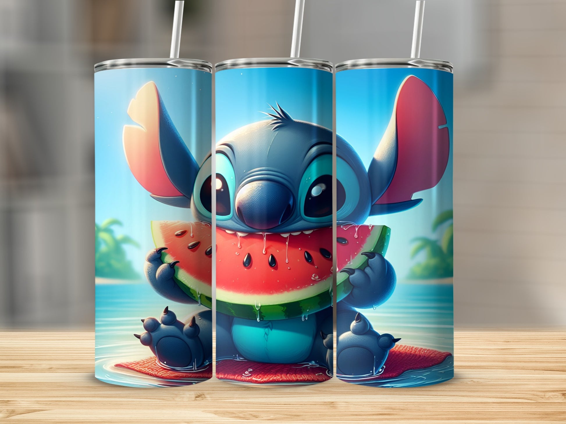Stitch character with watermelon slice on a beach mat by the water.