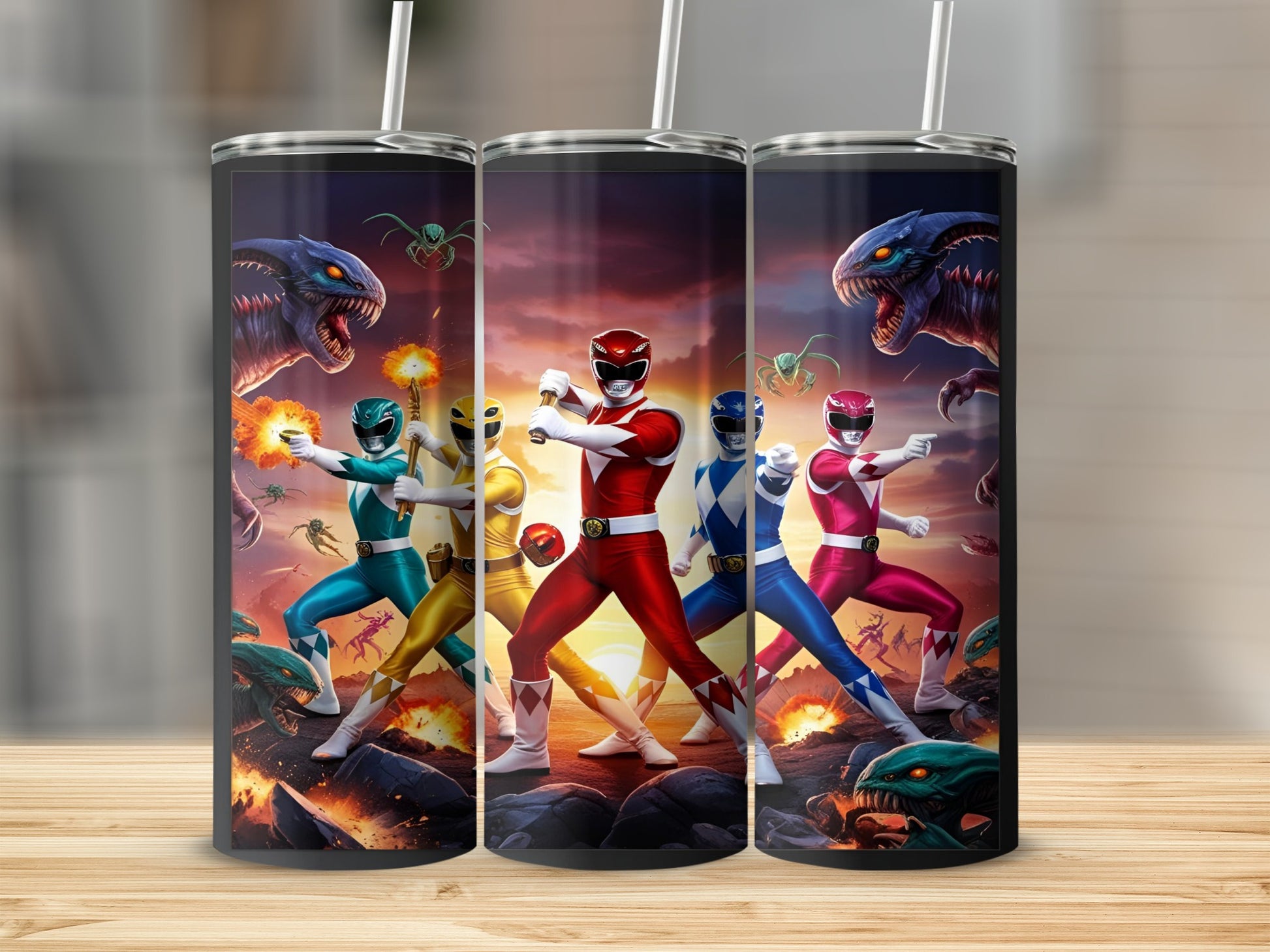 Three Power Rangers in colorful suits stand in front of monsters.