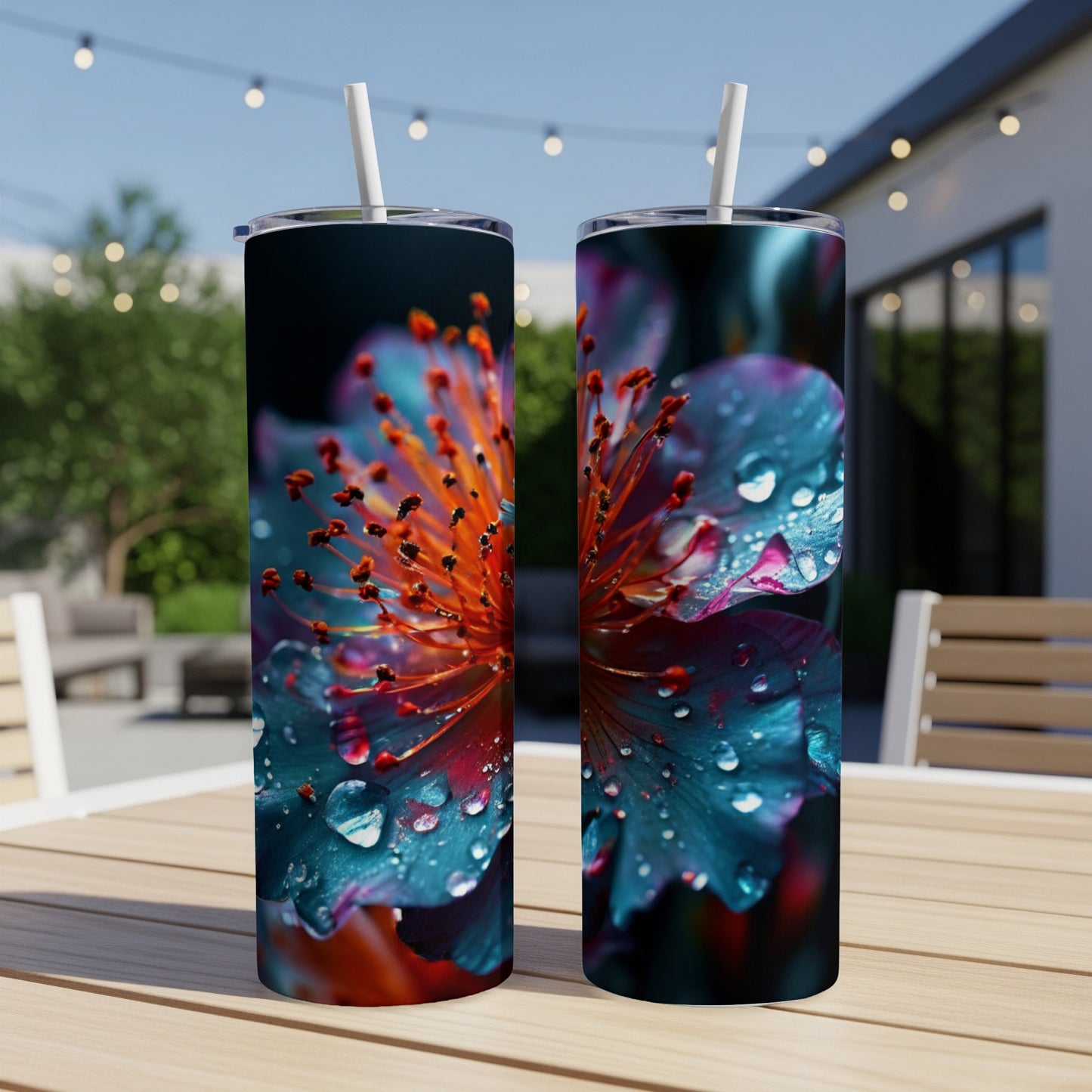 Two tumblers with a close-up floral design featuring water droplets.