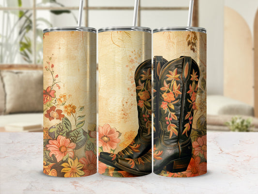 Cowboy boots with floral embroidery on a textured background.