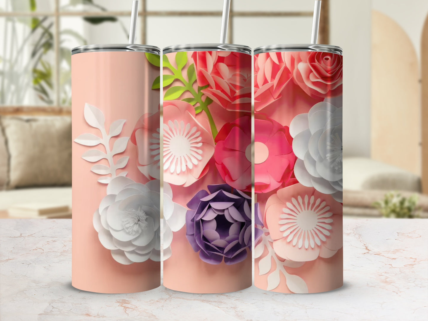 Floral Design Insulated Tumbler with Straw Elegant Cup
