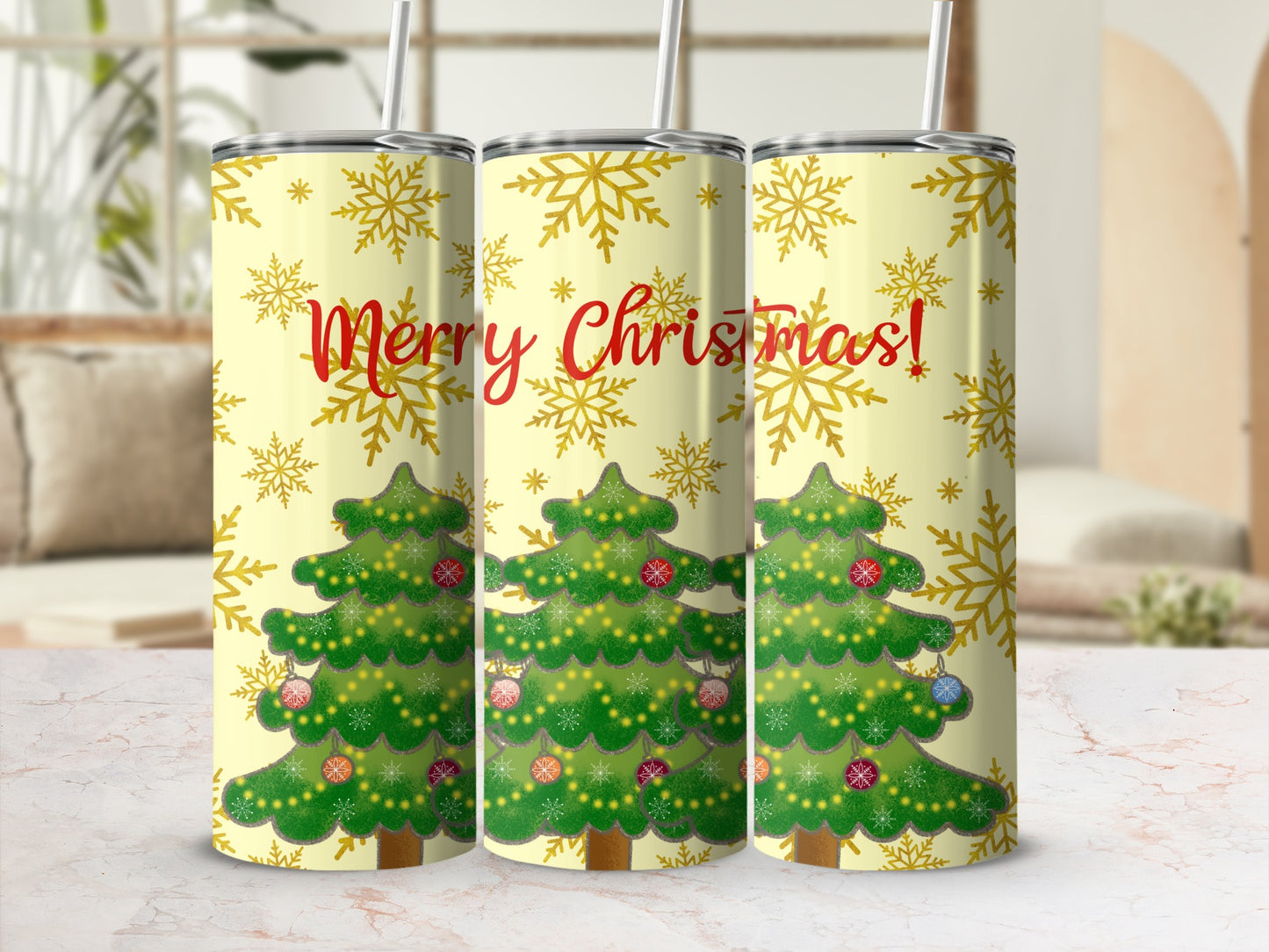 Three tumblers with Christmas trees and "Merry Christmas!" text.