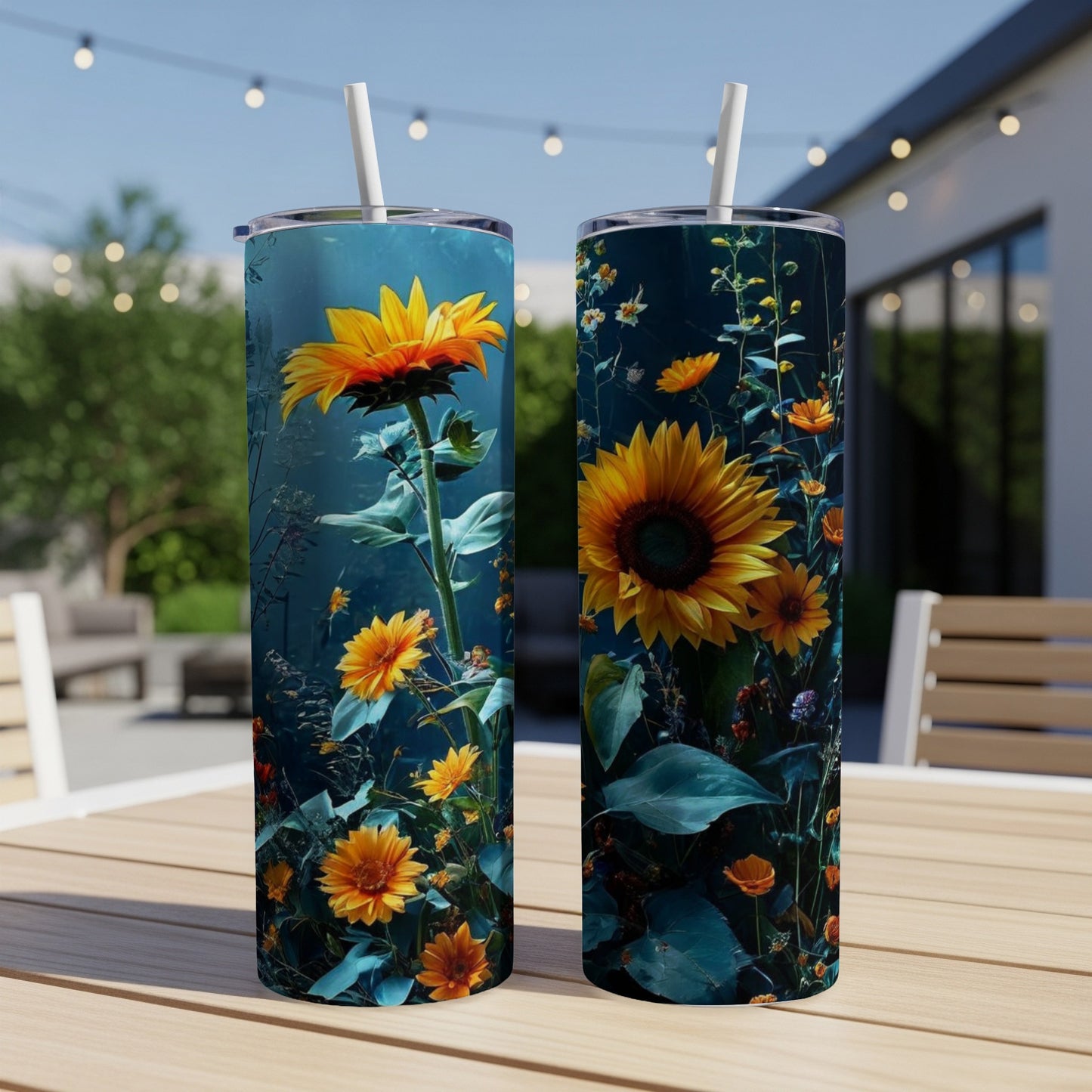 Two tall tumblers featuring a dark floral background with large sunflowers.
