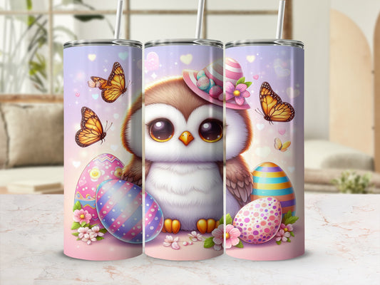 Cute owl with Easter eggs and butterflies, pastel colors.
